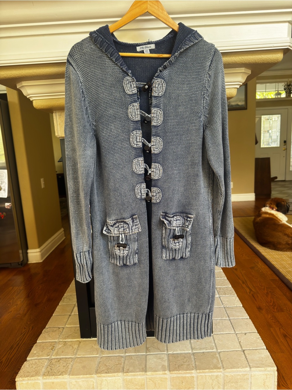 PBJ Blues Ramie Cotton Knit Toggle Button Duster Cardigan L Lagenlook Boho